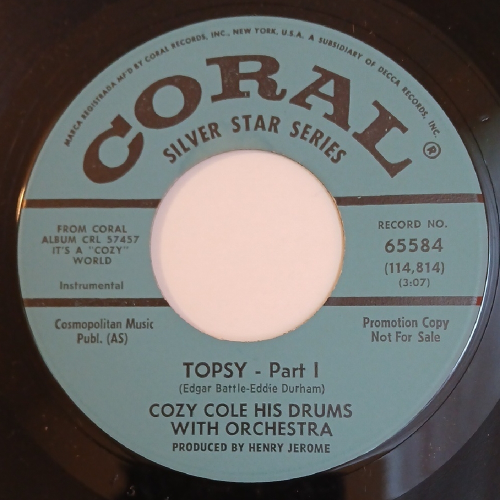 Cozy Cole & His Drums with Orchestra - Topsy - U.S. promo 45RPM